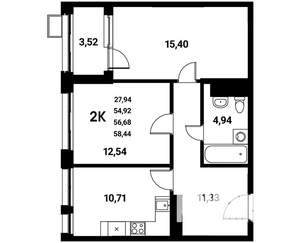 2-к квартира, строящийся дом, 57м2, 13/21 этаж