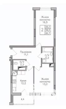 2-к квартира, строящийся дом, 62м2, 16/25 этаж