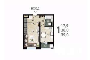 1-к квартира, строящийся дом, 40м2, 9/15 этаж