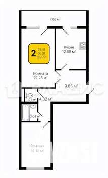 2-к квартира, вторичка, 70м2, 1/16 этаж