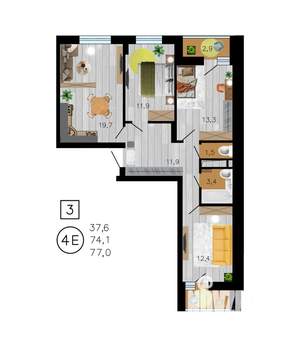 3-к квартира, вторичка, 77м2, 8/21 этаж