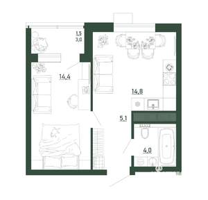 1-к квартира, строящийся дом, 40м2, 9/13 этаж