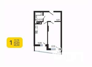 1-к квартира, строящийся дом, 45м2, 3/25 этаж