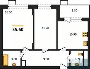 2-к квартира, вторичка, 56м2, 2/13 этаж