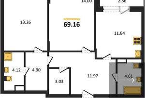 2-к квартира, вторичка, 69м2, 4/16 этаж