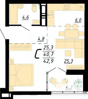 1-к квартира, строящийся дом, 43м2, 9/25 этаж