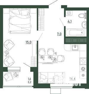 2-к квартира, строящийся дом, 42м2, 3/13 этаж