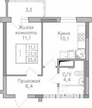 1-к квартира, строящийся дом, 33м2, 24/25 этаж