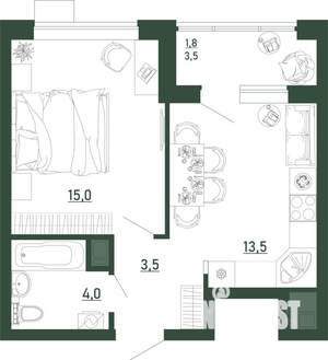 1-к квартира, строящийся дом, 38м2, 2/13 этаж