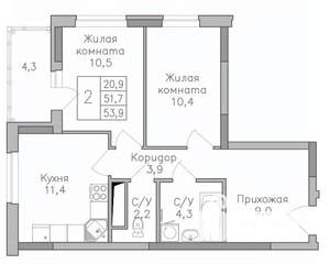 2-к квартира, строящийся дом, 54м2, 20/25 этаж