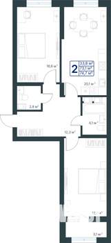 2-к квартира, строящийся дом, 75м2, 12/25 этаж