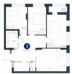 3-к квартира, строящийся дом, 82м2, 22/25 этаж