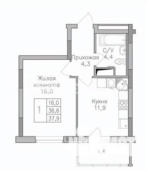 1-к квартира, строящийся дом, 38м2, 14/25 этаж