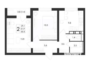 2-к квартира, вторичка, 53м2, 12/17 этаж