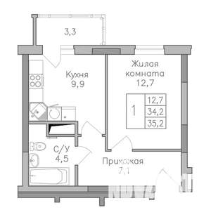 1-к квартира, строящийся дом, 35м2, 9/25 этаж