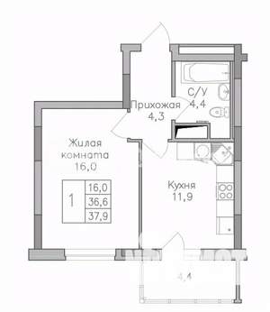 1-к квартира, строящийся дом, 38м2, 21/25 этаж