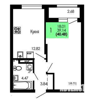 1-к квартира, строящийся дом, 40м2, 6/9 этаж