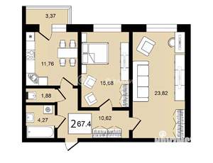 2-к квартира, строящийся дом, 67м2, 5/8 этаж