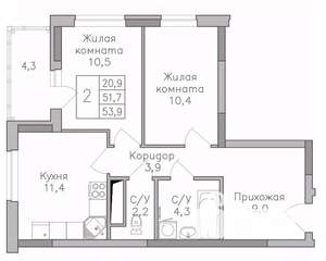 2-к квартира, строящийся дом, 54м2, 16/25 этаж