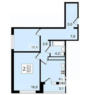 2-к квартира, строящийся дом, 58м2, 18/25 этаж