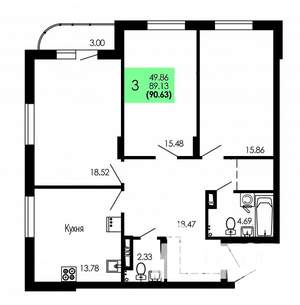 3-к квартира, строящийся дом, 91м2, 2/9 этаж