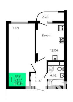 1-к квартира, строящийся дом, 41м2, 4/9 этаж