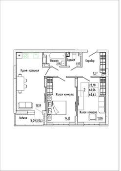 2-к квартира, строящийся дом, 63м2, 13/17 этаж