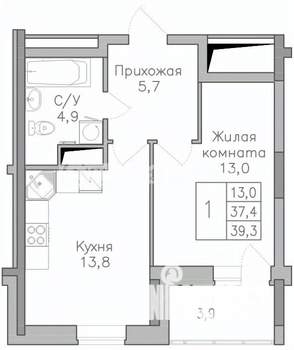 1-к квартира, строящийся дом, 39м2, 18/25 этаж