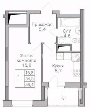 1-к квартира, строящийся дом, 36м2, 15/25 этаж