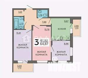 3-к квартира, вторичка, 61м2, 9/17 этаж