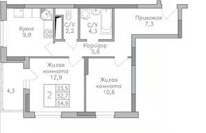 2-к квартира, строящийся дом, 55м2, 13/25 этаж