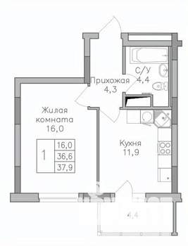 1-к квартира, строящийся дом, 38м2, 20/25 этаж