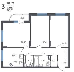 3-к квартира, строящийся дом, 81м2, 6/9 этаж