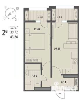 1-к квартира, строящийся дом, 43м2, 5/18 этаж