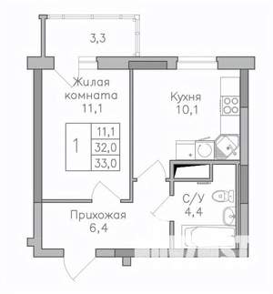 1-к квартира, строящийся дом, 33м2, 12/25 этаж