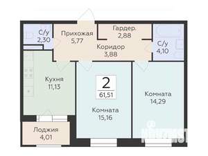 2-к квартира, строящийся дом, 62м2, 8/10 этаж