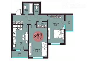 2-к квартира, сданный дом, 59м2, 15/18 этаж