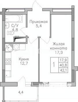 1-к квартира, строящийся дом, 42м2, 13/25 этаж