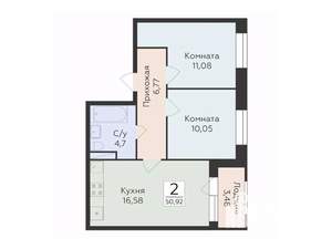 2-к квартира, строящийся дом, 51м2, 8/12 этаж