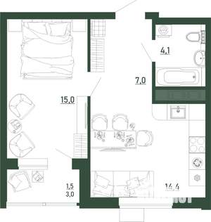 1-к квартира, строящийся дом, 42м2, 2/13 этаж