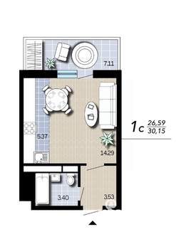 Студия квартира, вторичка, 30м2, 13/16 этаж