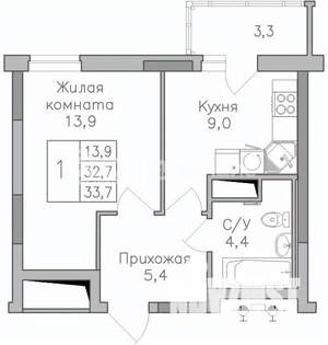 1-к квартира, строящийся дом, 34м2, 24/25 этаж