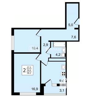 2-к квартира, строящийся дом, 58м2, 9/25 этаж