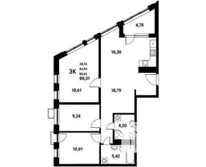3-к квартира, строящийся дом, 86м2, 9/21 этаж