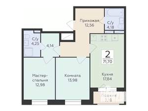 2-к квартира, строящийся дом, 72м2, 13/18 этаж