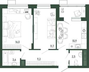 2-к квартира, строящийся дом, 56м2, 3/13 этаж