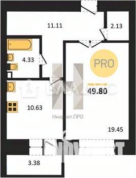 1-к квартира, вторичка, 50м2, 1/16 этаж