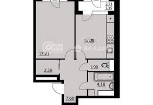 1-к квартира, строящийся дом, 50м2, 7/23 этаж