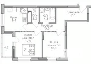 2-к квартира, строящийся дом, 55м2, 7/25 этаж