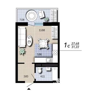 Студия квартира, вторичка, 31м2, 13/16 этаж